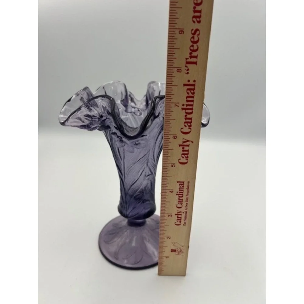 Fenton Purple Amethyst Glass Embossed Daffodils 7in Vase Double Crimp Ruffle Rim